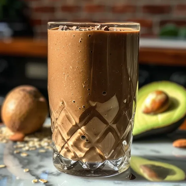 Thick, velvety Superfood Chocolate Almond Smoothie with a rich chocolate color.