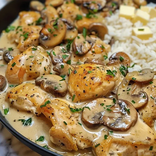 Side view of a creamy chicken and mushroom dish with rice, highlighting the rich texture and garnished with parsley.
