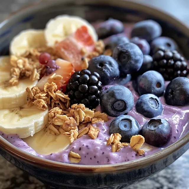 Close-up of a nutritious yogurt bowl topped with fresh and frozen fruits.