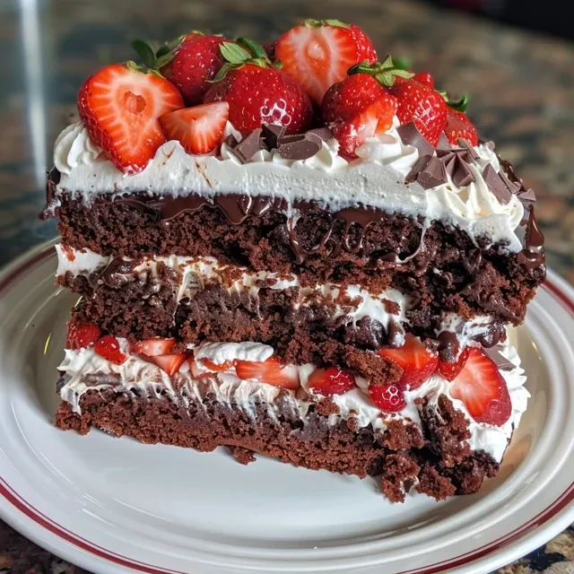 Side view of a rich chocolate cake adorned with strawberries and whipped cream.