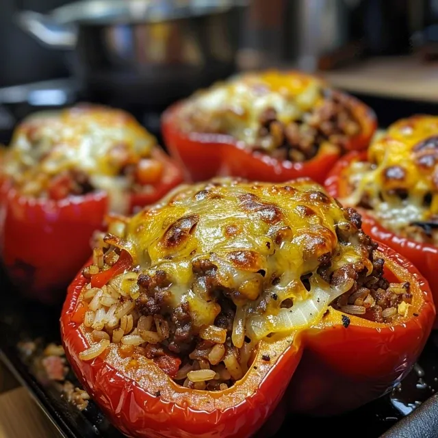 Side view of juicy stuffed bell peppers filled with BBQ beef mince and topped with melted cheese.