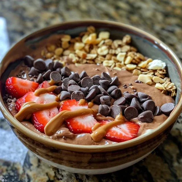 Side view of a creamy chocolate protein yogurt bowl with chocolate chips and nut butter drizzle.