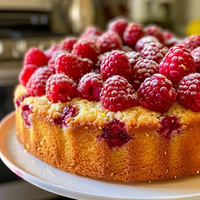 Close-up of a moist Raspberry Lemon Cake with vibrant berry and lemon frosting.