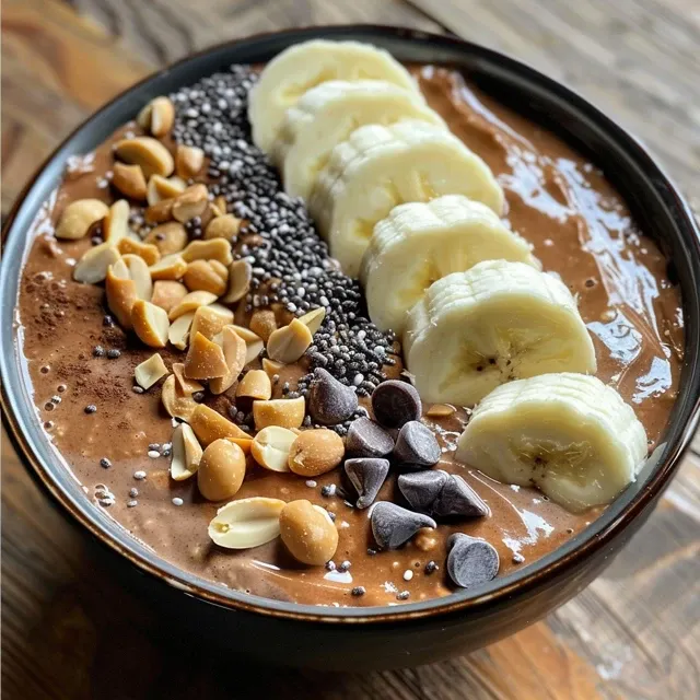 Side view of a rich chocolate smoothie bowl garnished with mini chocolate chips and chia seeds.