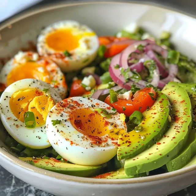 A side view of a colorful avocado and egg bowl, featuring hard boiled eggs, avocado, and vibrant vegetables, photographed with an iPhone 15 Pro.