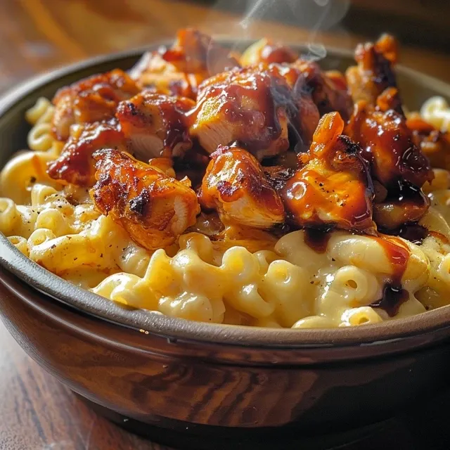 A detailed shot showing One-Pot Honey BBQ Chicken Mac and Cheese with pasta, chicken, and a glossy honey BBQ sauce.