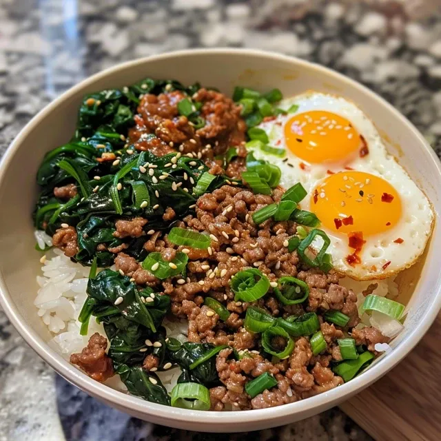 Side shot of Korean ground beef rice bowl, showcasing sautéed spinach, beef, and rice.