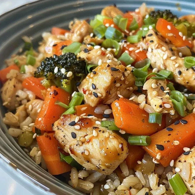 Close-up image of a chicken veggie rice bowl topped with diced chicken, vegetables, and garnished with green onions.