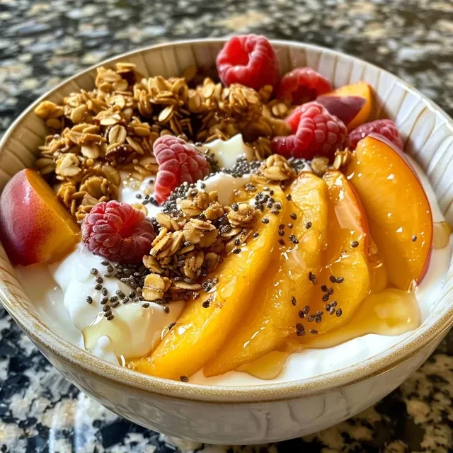 A delicious peach yogurt bowl featuring sliced peaches and a sprinkle of cinnamon.