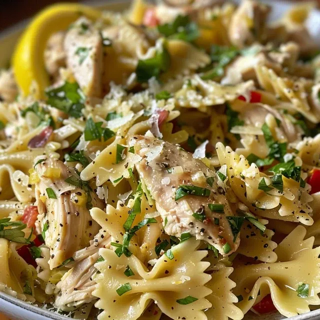 Juicy chicken, bowtie pasta, and bright lemon slices in a fresh salad.