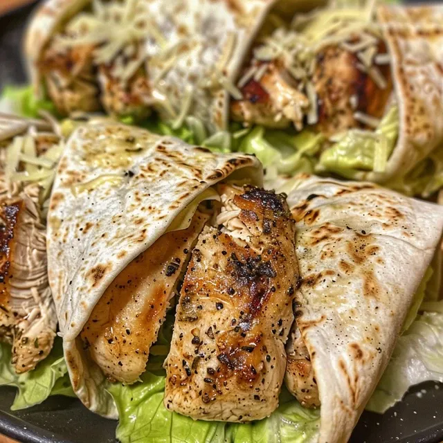 Close-up view of grilled lemon chicken wraps drizzled with spicy garlic sauce.