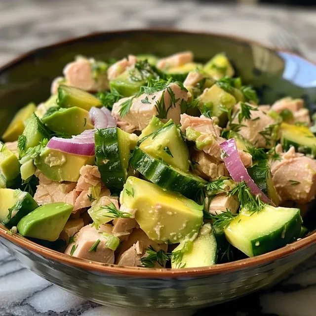 Side angle shot of a fresh Cucumber Avocado Tuna Salad with vibrant ingredients.