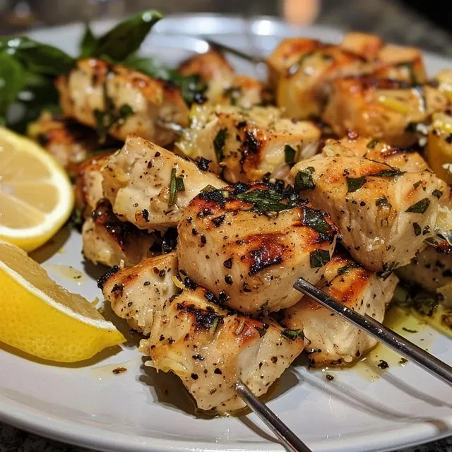 Close-up of grilled chicken skewers with lemon and basil garnishes.