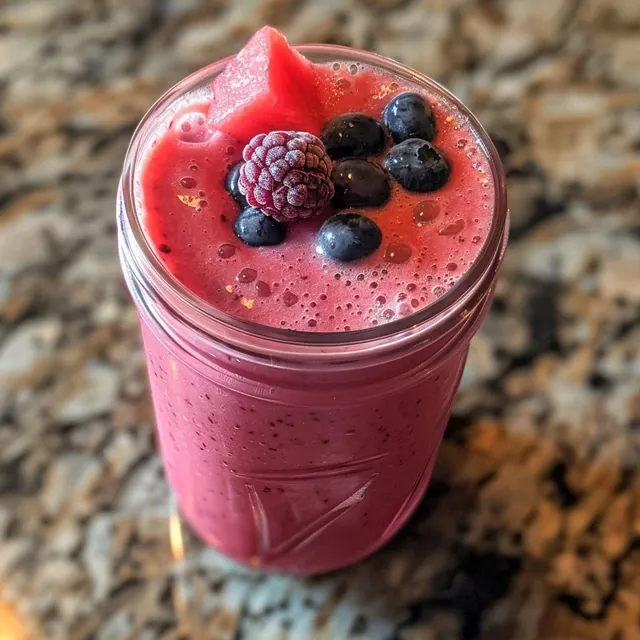 Side view of a watermelon smoothie, showcasing its thick, pink texture and colorful ingredients.