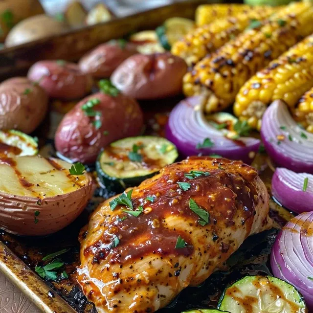 Juicy BBQ chicken breasts surrounded by corn, zucchini, and red onion in a sheet pan meal.