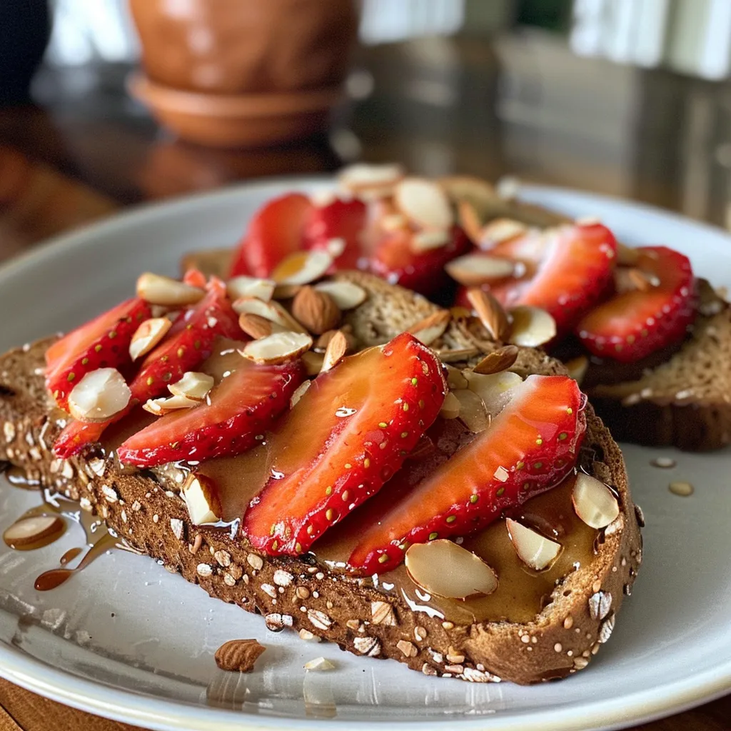 Side view of two slices of whole grain bread spread with almond butter and garnished with fresh strawberries.
