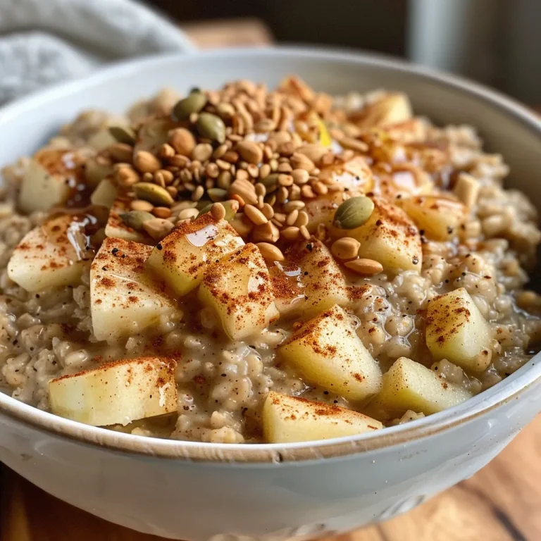 Close-up view of warm apple cinnamon oatmeal topped with seeds.