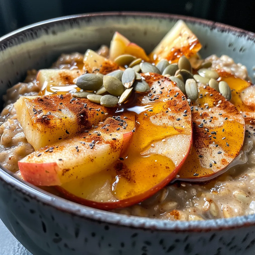 Side view of a bowl of apple cinnamon oatmeal with a sprinkle of hemp and pumpkin seeds.