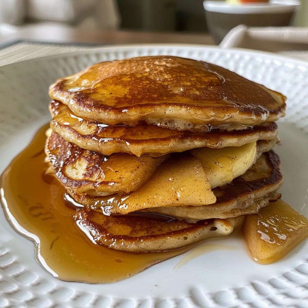 Side view of fluffy pancakes topped with diced apples and a drizzle of syrup.