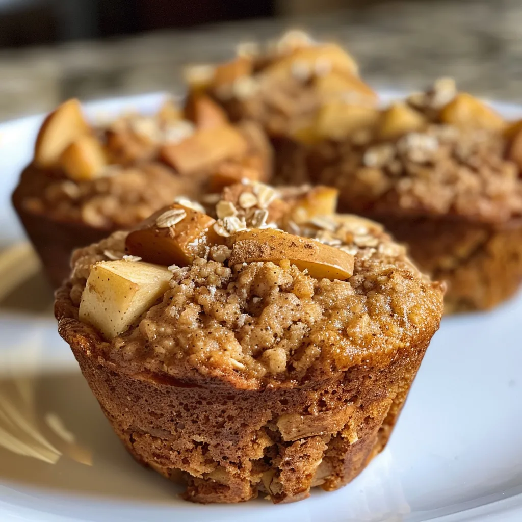 Side view of freshly baked Apple Cinnamon Protein Muffins showcasing their texture.
