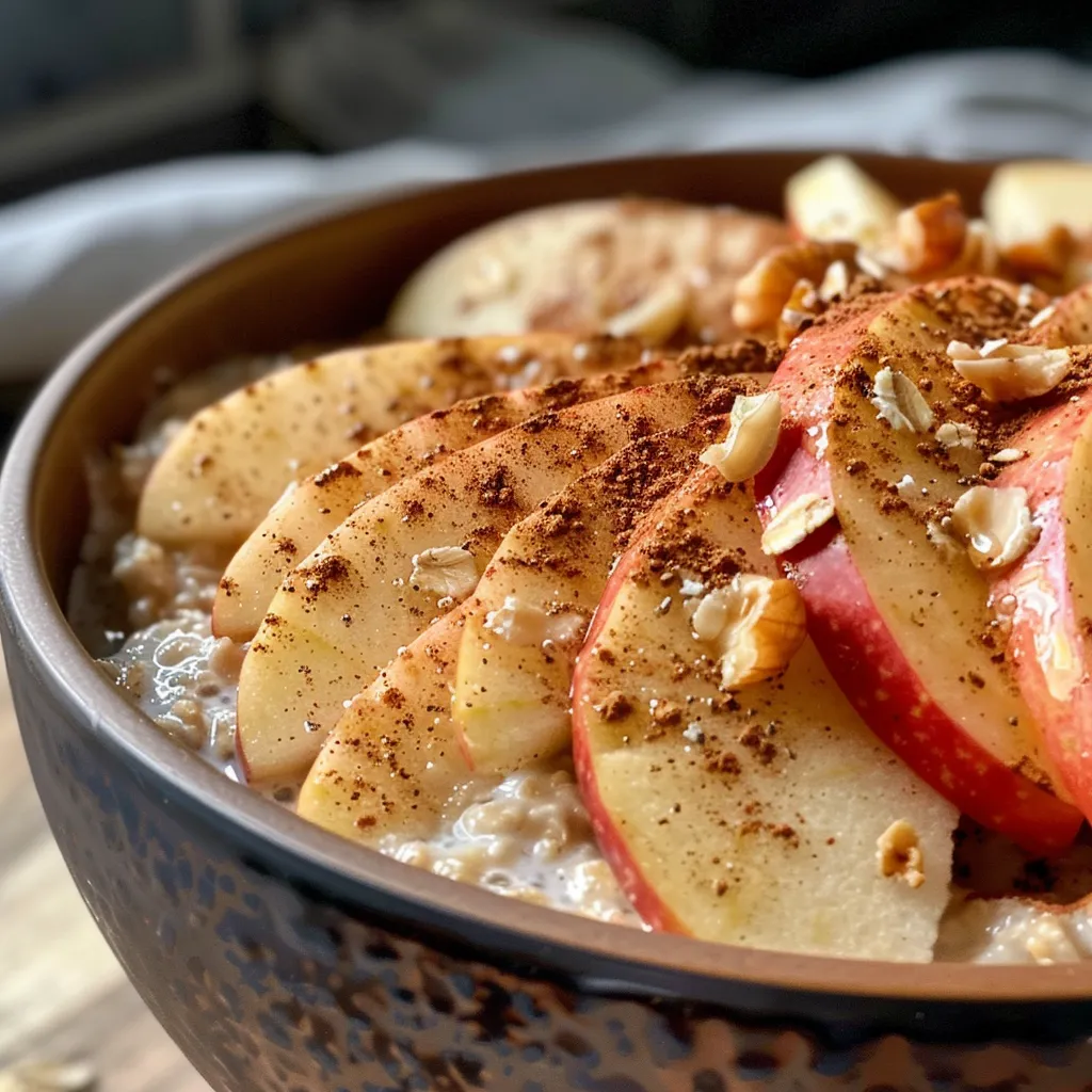 Side view of a hearty serving of Apple Cinnamon Protein Oats with a sprinkle of cinnamon.