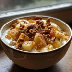 A close-up of a yogurt bowl topped with diced apples and nuts.