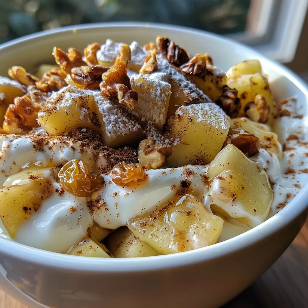 Side view of a creamy yogurt bowl with apple and cinnamon toppings.