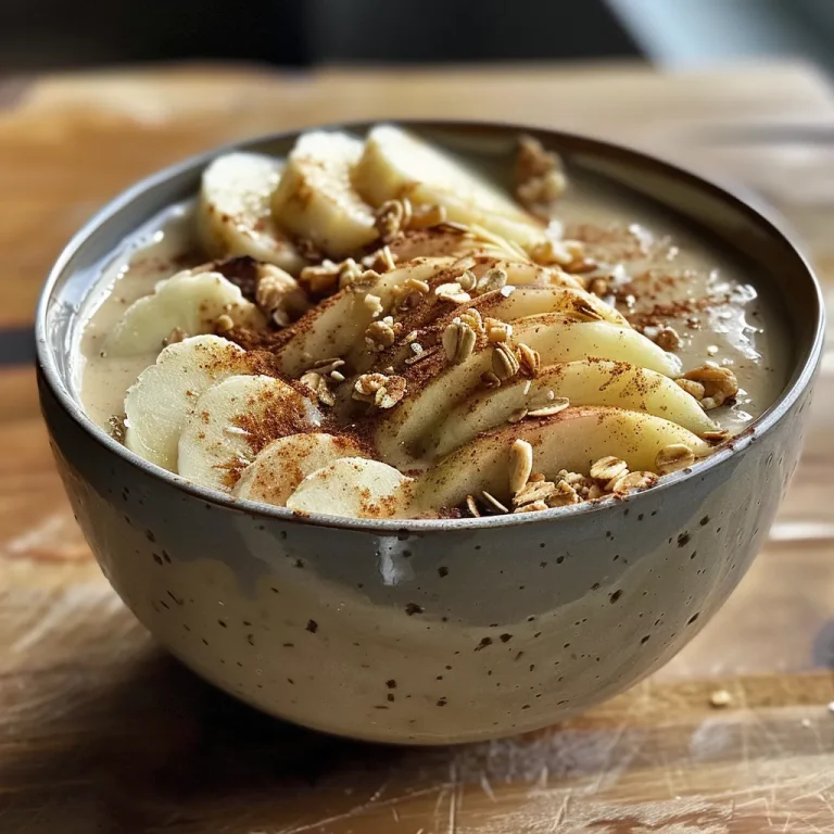 Close-up of a creamy apple pie smoothie bowl with apple slices and toppings.