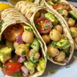 Close-up view of a delicious avocado chickpea salad wrap filled with colorful ingredients.