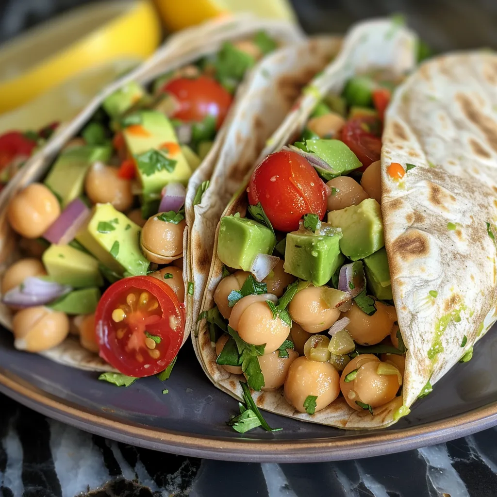 Side view of a vibrant avocado chickpea salad wrap showcasing fresh vegetables and spices.