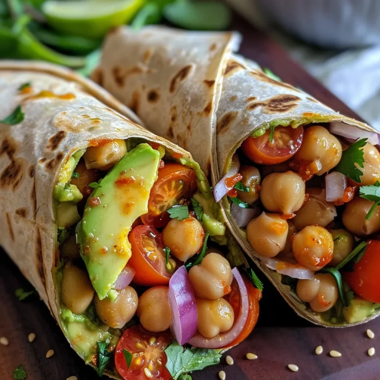 Close-up view of a delicious avocado chickpea summer wrap on a wooden surface.