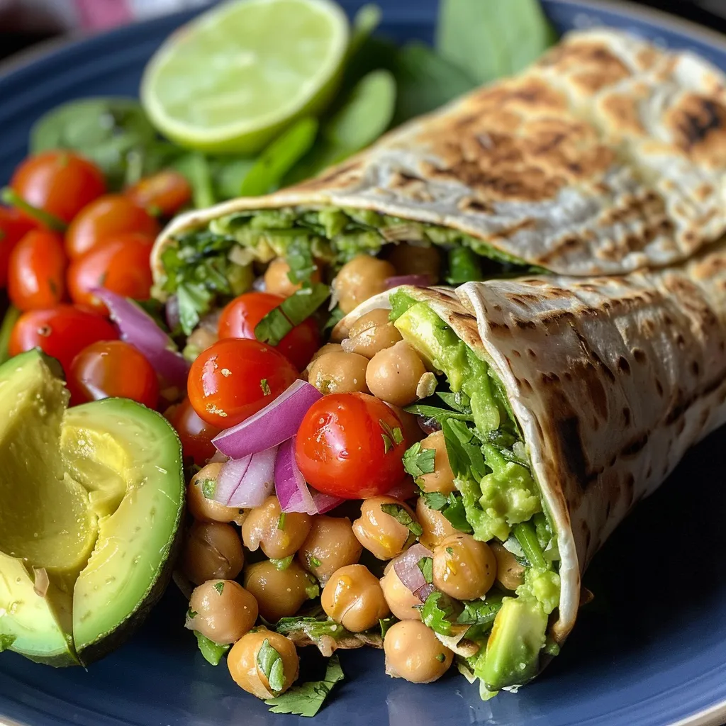 Side view of a fresh summer wrap filled with avocado, chickpeas, and vegetables.