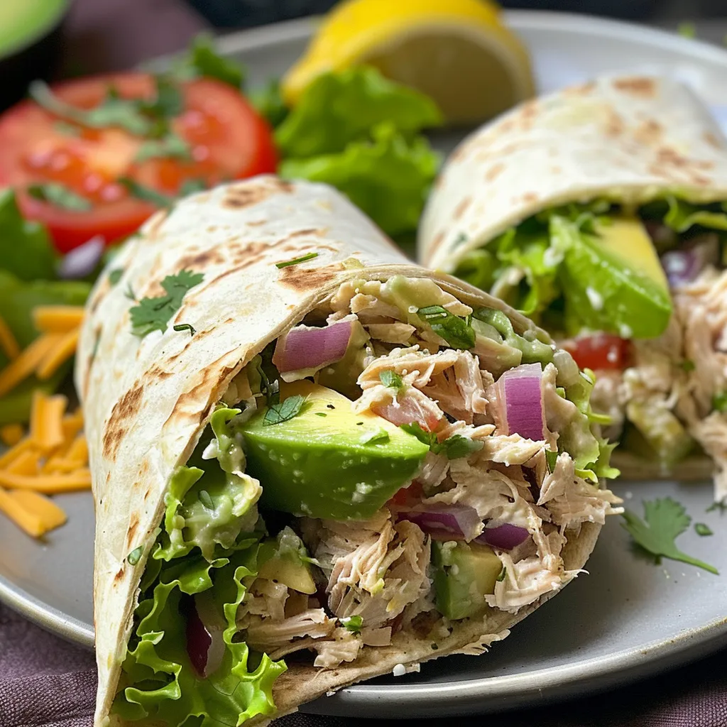 Side view of a tortilla wrap filled with tuna, fresh avocado, lettuce, and tomato in vibrant colors.