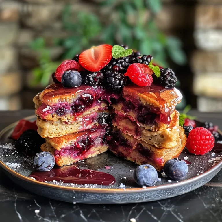 Rise and Shine with This Easy Baked Berry Protein Pancake Close-up view of a stack of baked berry protein pancakes with mixed berries on top.