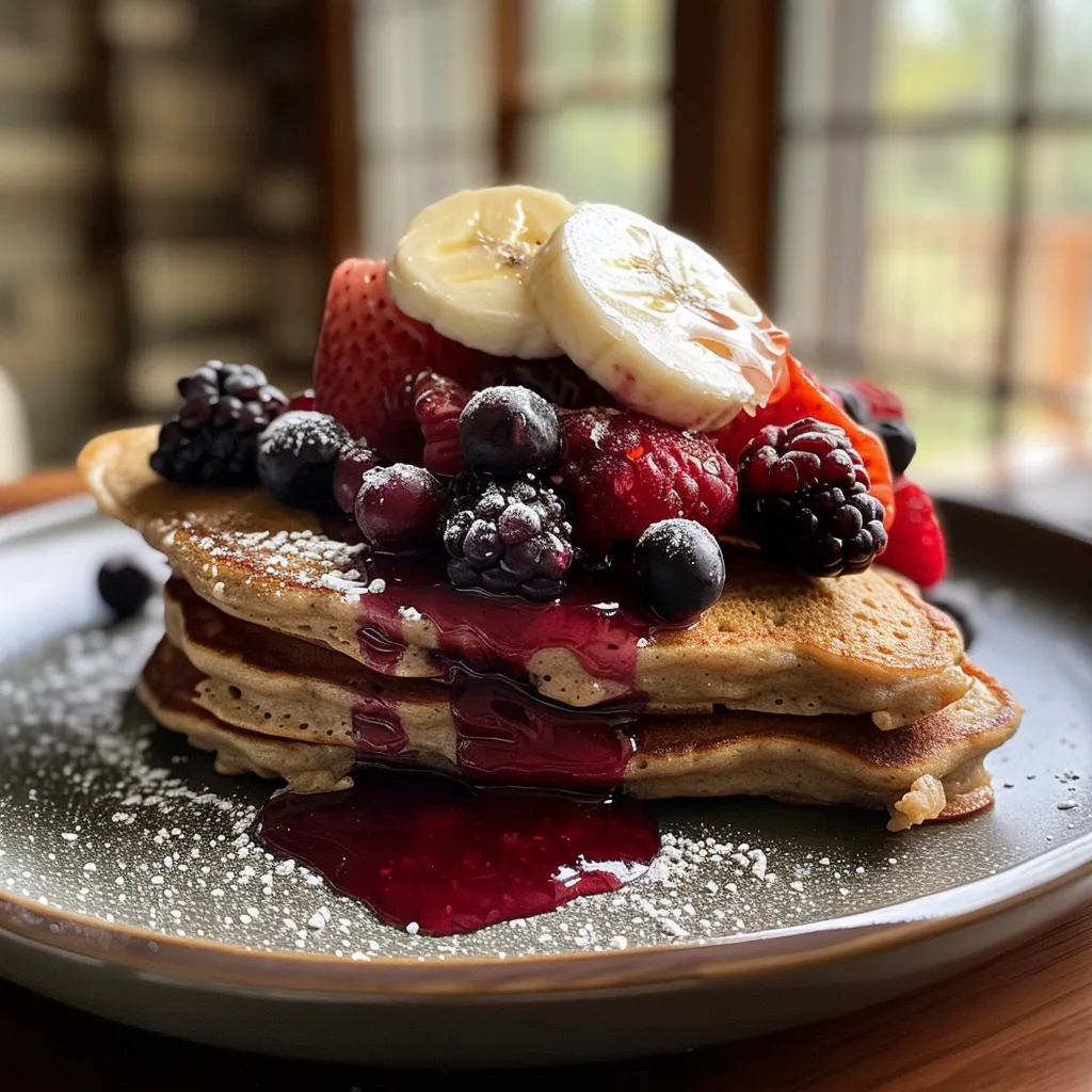 Side view of a fluffy baked berry pancake showing layers and colorful berries.