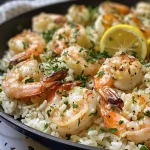 Close-up view of Baked Lemon Herb Rice topped with Garlic Butter Shrimp.