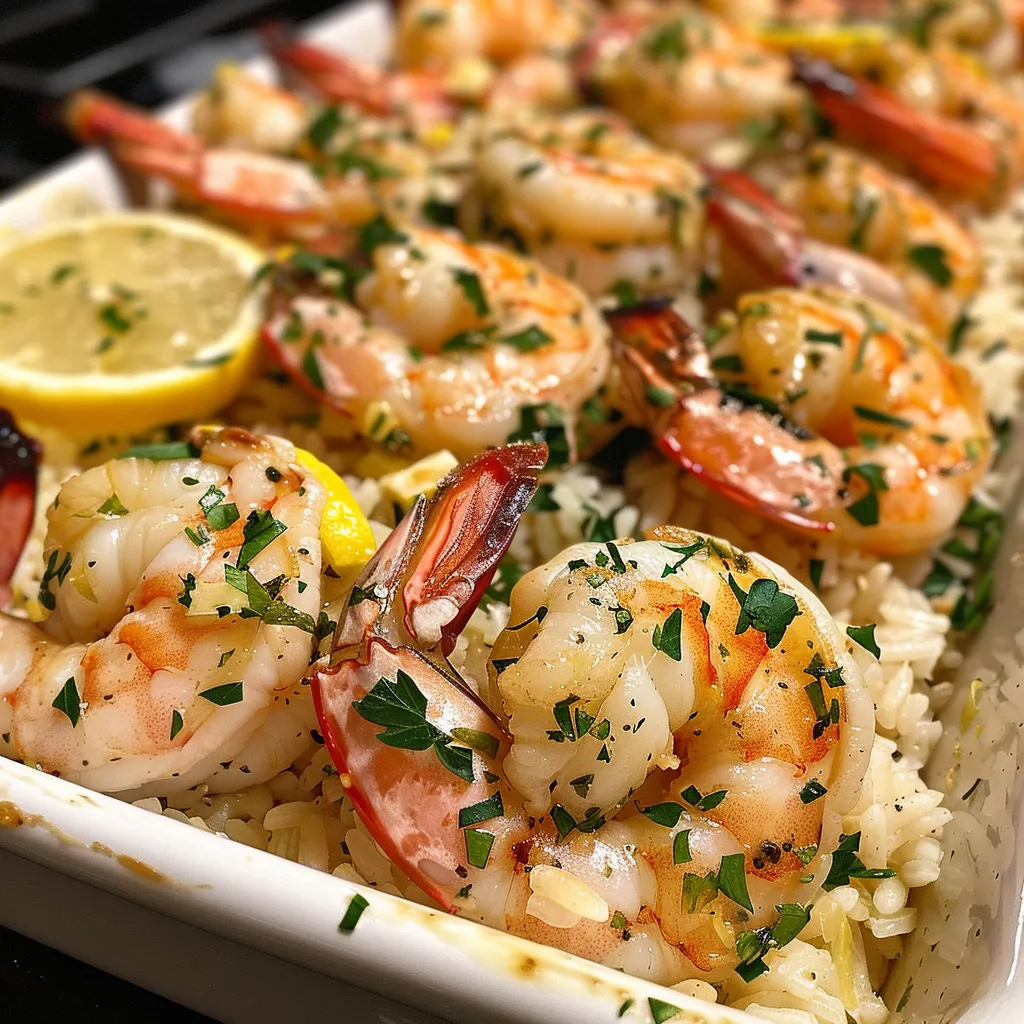 Side angle photo showcasing a vibrant plate of Baked Lemon Rice and Shrimp.