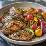 Close-up view of juicy balsamic glazed chicken breasts with colorful roasted vegetables.