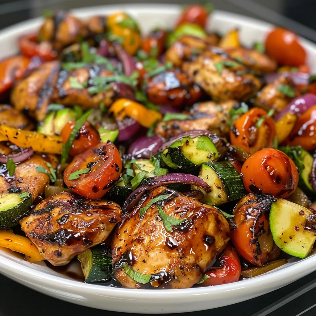 A side photo of glazed chicken and mixed veggies on a sheet pan, highlighting their texture.