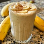 Side view close-up of a creamy Banana Cinnamon Smoothie in a glass.