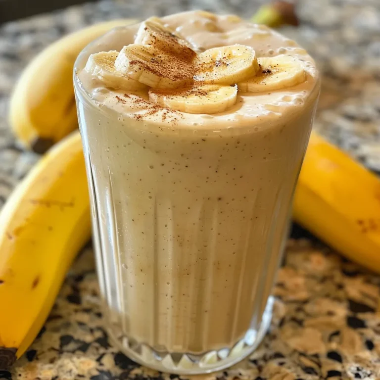 Side view close-up of a creamy Banana Cinnamon Smoothie in a glass.