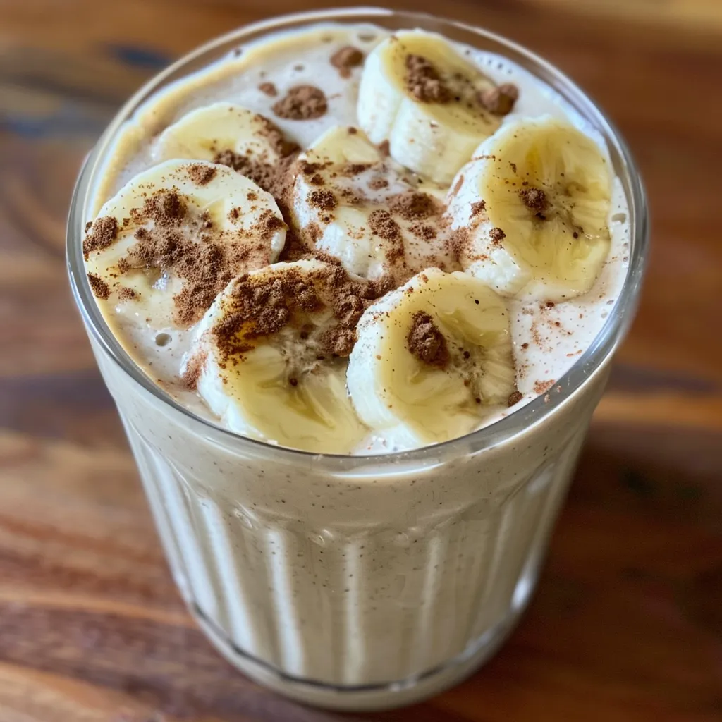 A refreshing Banana Cinnamon Smoothie served in a clear glass with a cinnamon sprinkle.