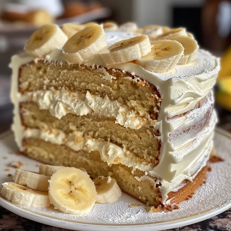 Side view of a delicious Banana Cream Cake topped with whipped cream and banana slices.