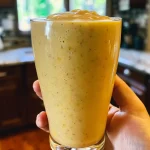 Close-up view of a creamy Banana Peach Protein Smoothie in a glass.