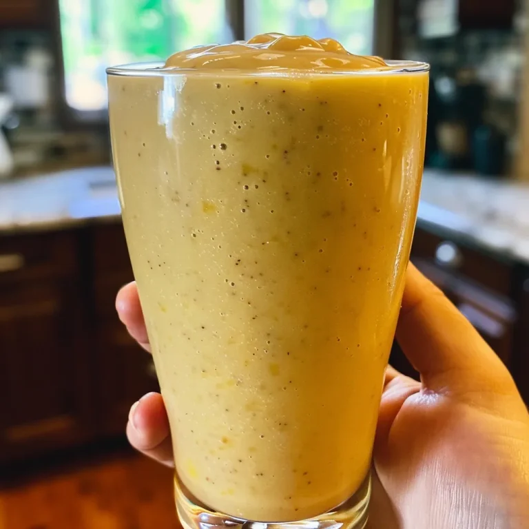 Close-up view of a creamy Banana Peach Protein Smoothie in a glass.