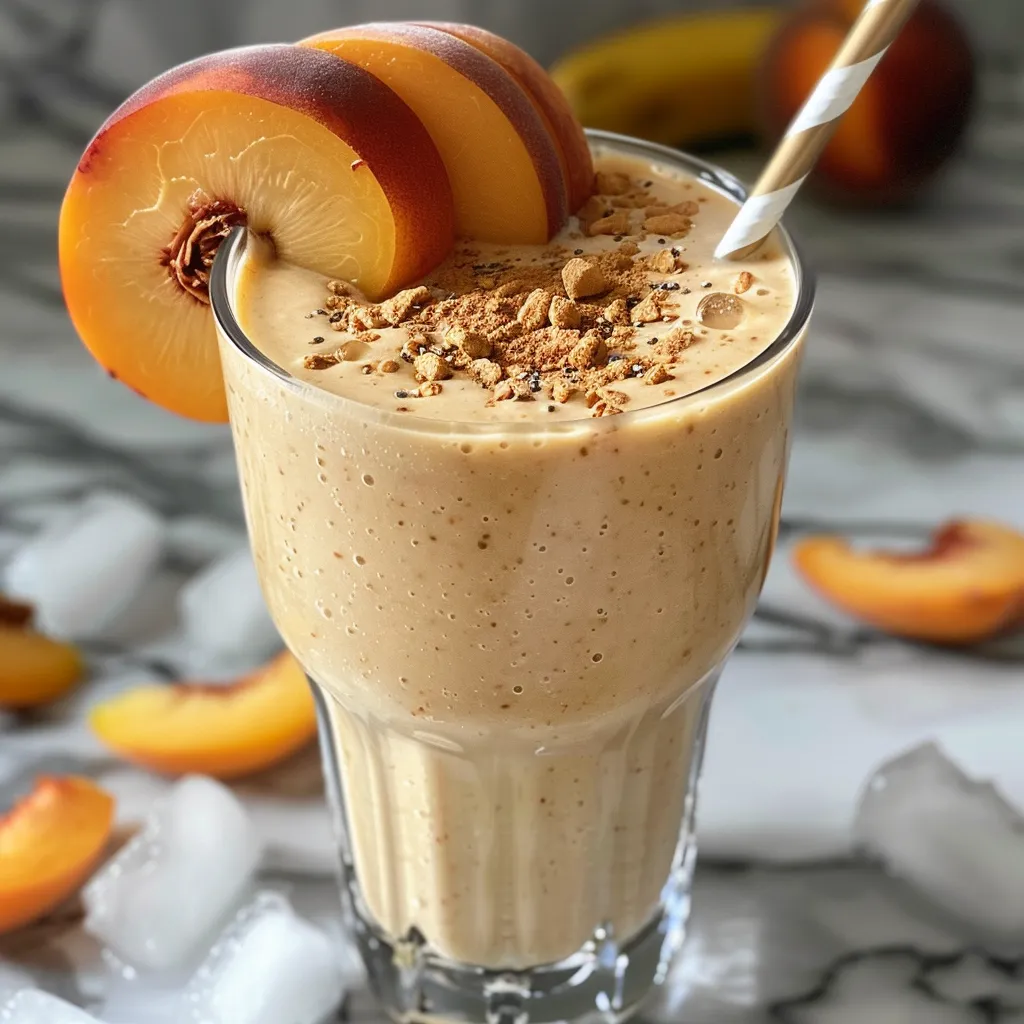 Side angle of a vibrant smoothie made with bananas and peaches.