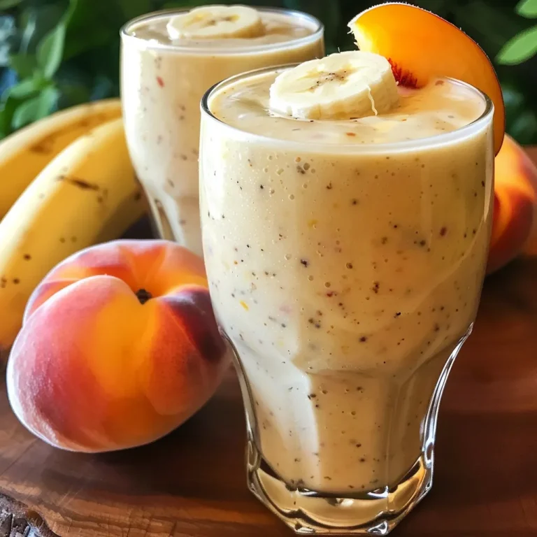 Close-up view of a creamy banana peach smoothie in a glass, garnished with a slice of peach.