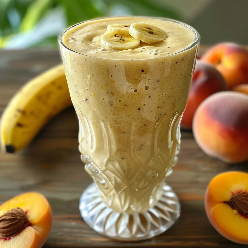 Side view of a refreshing banana peach smoothie in a clear glass, with a colorful straw.