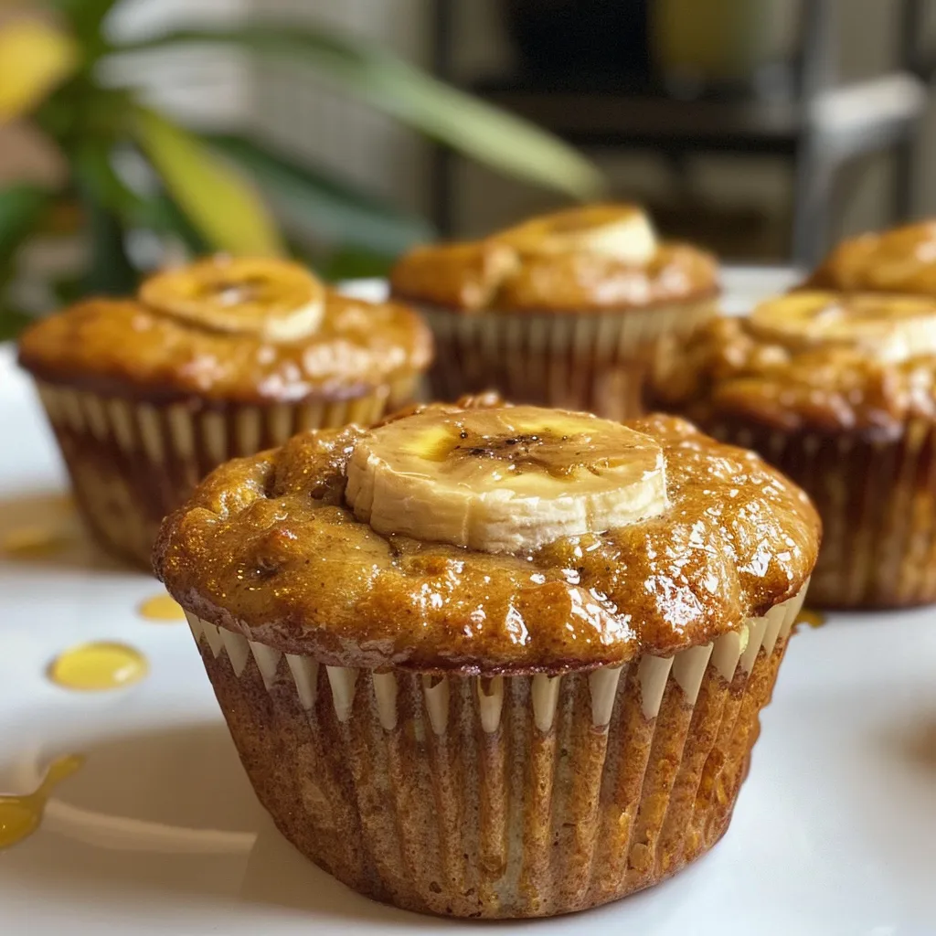 Side profile of moist banana protein muffins with a rustic texture.