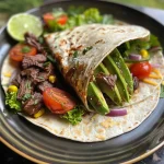 A close-up view of a BBQ beef and avocado wrap, showcasing juicy beef slices and fresh ingredients.